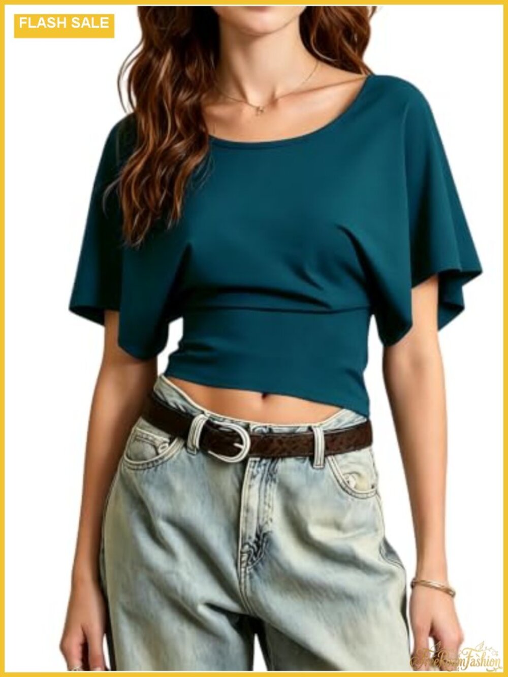 Women's Scoop Neck Batwing Sleeve Crop T-Shirt Cinched Waist Y2K Casual Summer